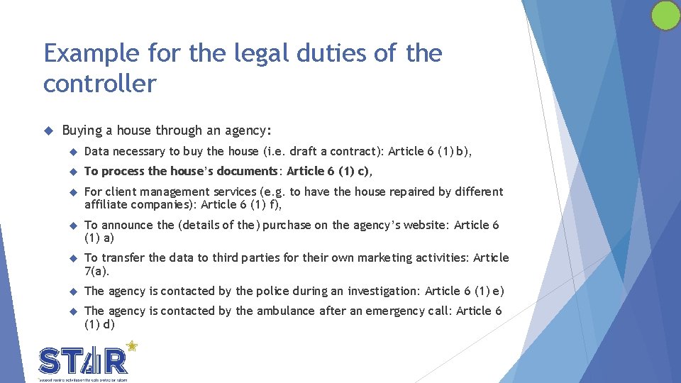 Example for the legal duties of the controller Buying a house through an agency: