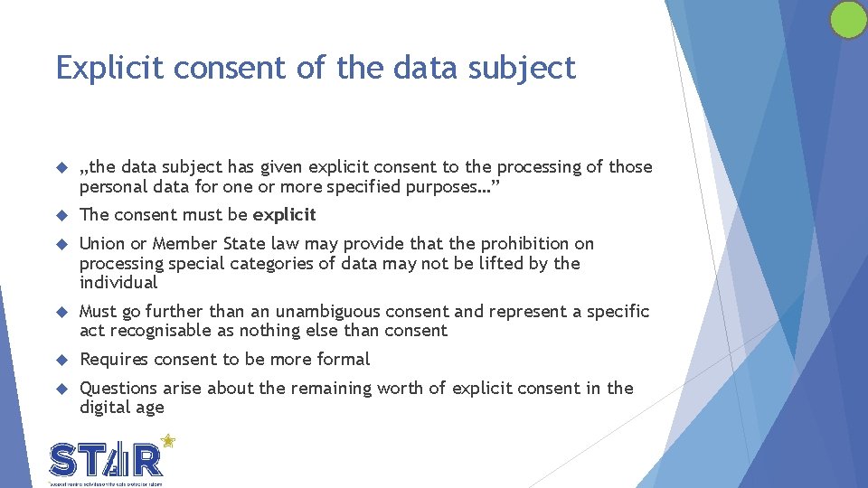 Explicit consent of the data subject „the data subject has given explicit consent to