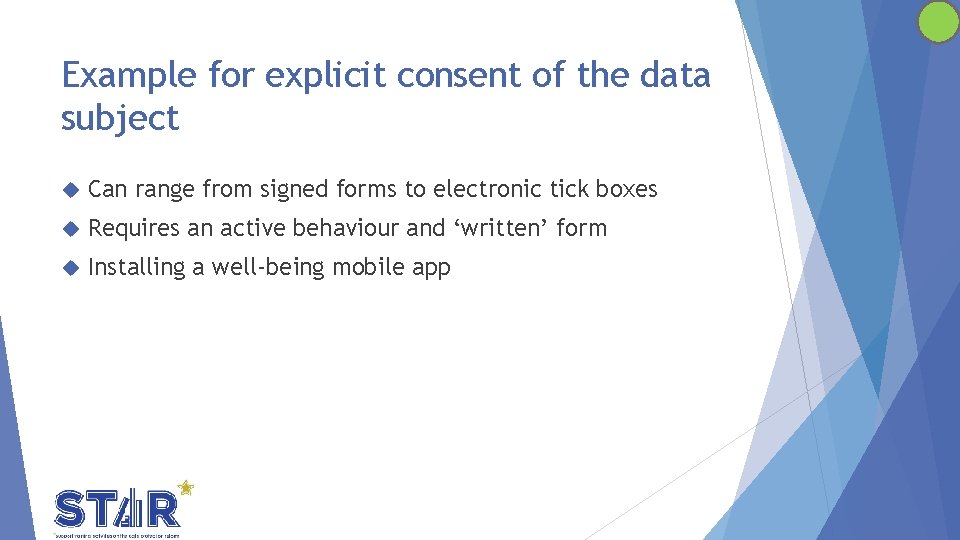 Example for explicit consent of the data subject Can range from signed forms to