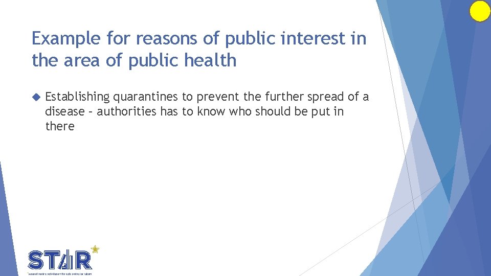 Example for reasons of public interest in the area of public health Establishing quarantines