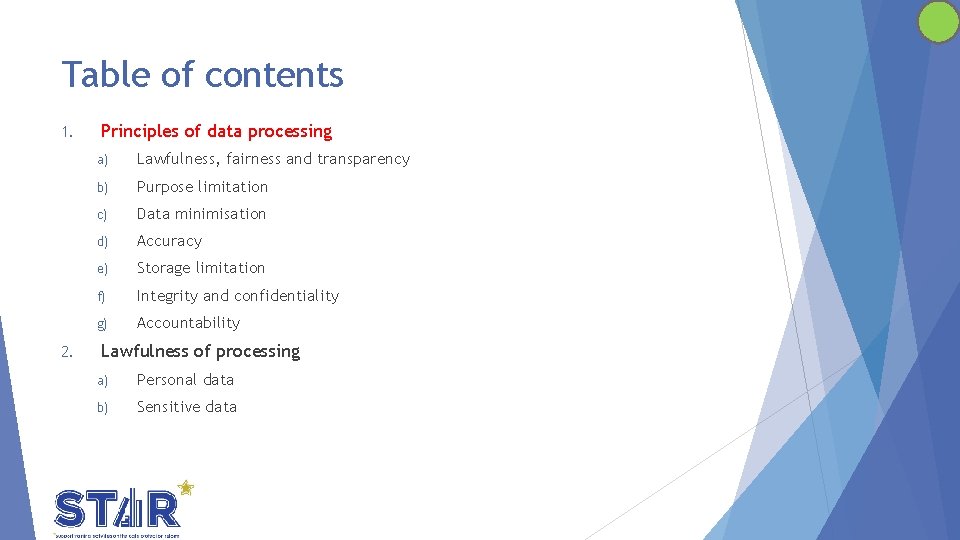 Table of contents 1. 2. Principles of data processing a) Lawfulness, fairness and transparency