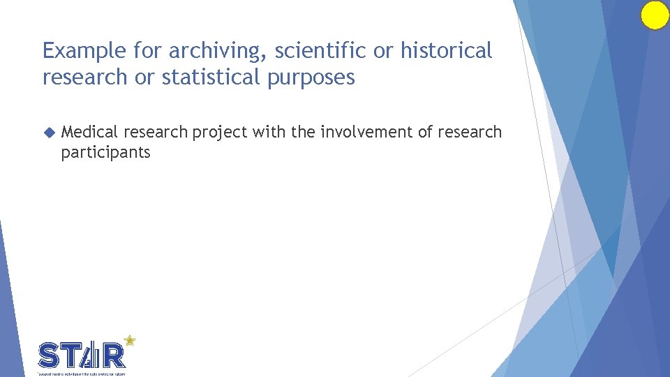 Example for archiving, scientific or historical research or statistical purposes Medical research project with