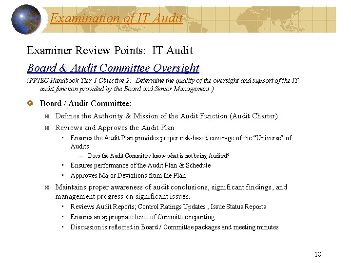 Examination of IT Audit Examiner Review Points: IT Audit Board & Audit Committee Oversight