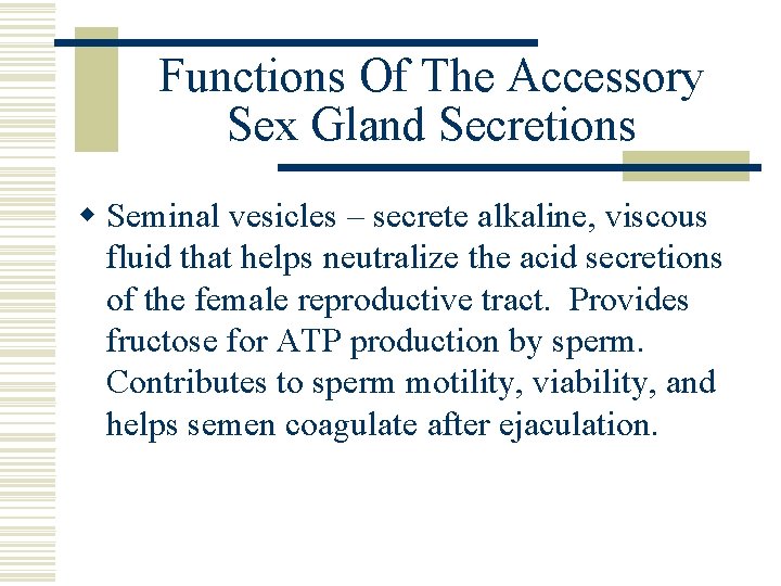Functions Of The Accessory Sex Gland Secretions w Seminal vesicles – secrete alkaline, viscous Functions Of The Accessory Sex Gland Secretions w Seminal vesicles – secrete alkaline, viscous