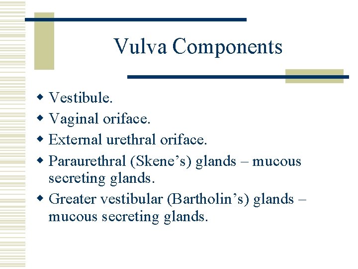 Vulva Components w Vestibule. w Vaginal oriface. w External urethral oriface. w Paraurethral (Skene’s) Vulva Components w Vestibule. w Vaginal oriface. w External urethral oriface. w Paraurethral (Skene’s)