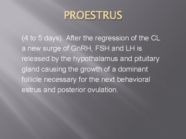 PROESTRUS (4 to 5 days). After the regression of the CL a new surge