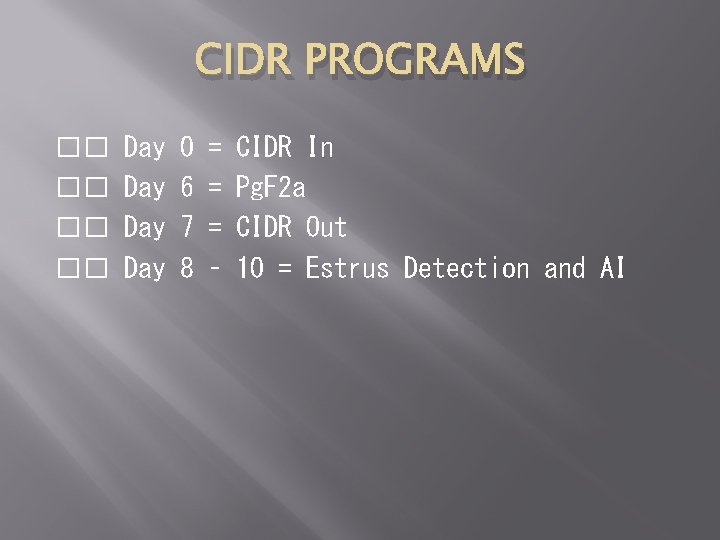 CIDR PROGRAMS �� �� Day Day 0 6 7 8 = = = –