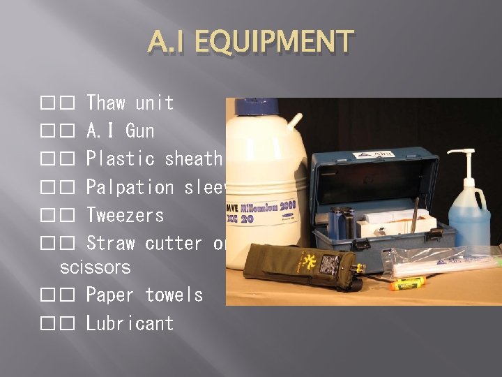 A. I EQUIPMENT �� Thaw unit �� A. I Gun �� Plastic sheath ��