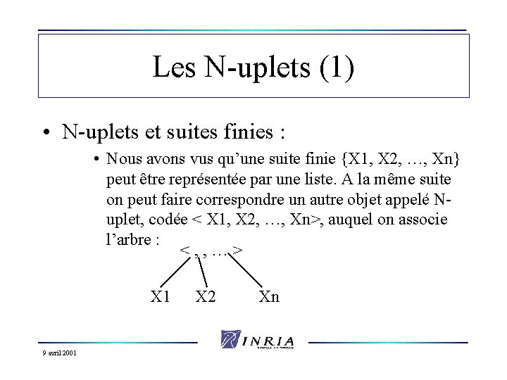 Les N-uplets (1) • N-uplets et suites finies : • Nous avons vus qu’une