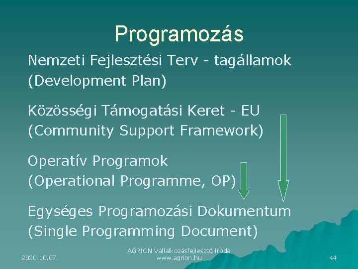 Programozás Nemzeti Fejlesztési Terv - tagállamok (Development Plan) Közösségi Támogatási Keret - EU (Community