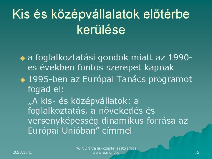 Kis és középvállalatok előtérbe kerülése a foglalkoztatási gondok miatt az 1990 es években fontos