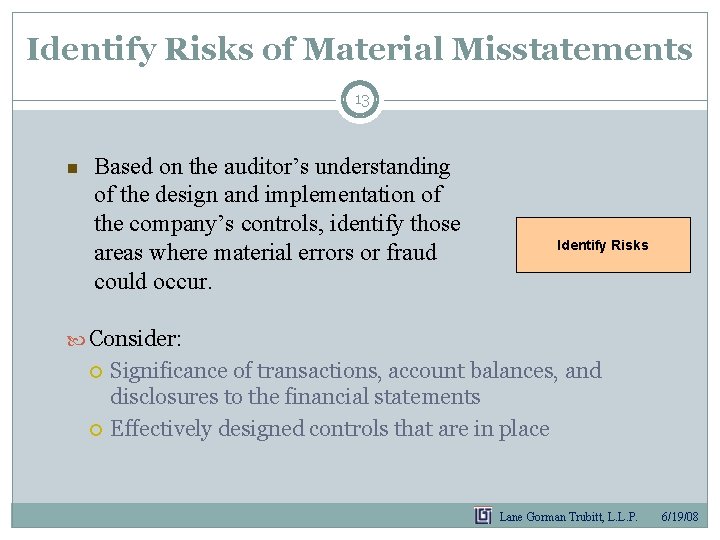 Identify Risks of Material Misstatements 13 n Based on the auditor’s understanding of the Identify Risks of Material Misstatements 13 n Based on the auditor’s understanding of the