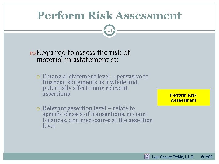 Perform Risk Assessment 14 Required to assess the risk of material misstatement at: Financial Perform Risk Assessment 14 Required to assess the risk of material misstatement at: Financial