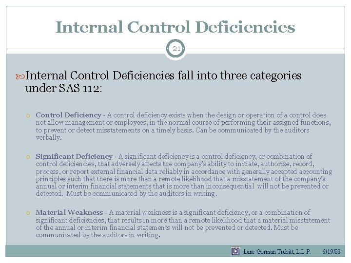 Internal Control Deficiencies 21 Internal Control Deficiencies fall into three categories under SAS 112: Internal Control Deficiencies 21 Internal Control Deficiencies fall into three categories under SAS 112: