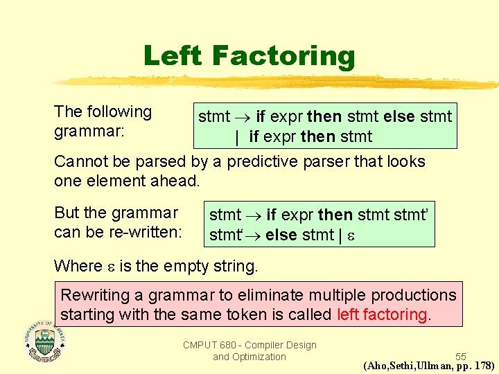 Left Factoring The following grammar: stmt if expr then stmt else stmt | if