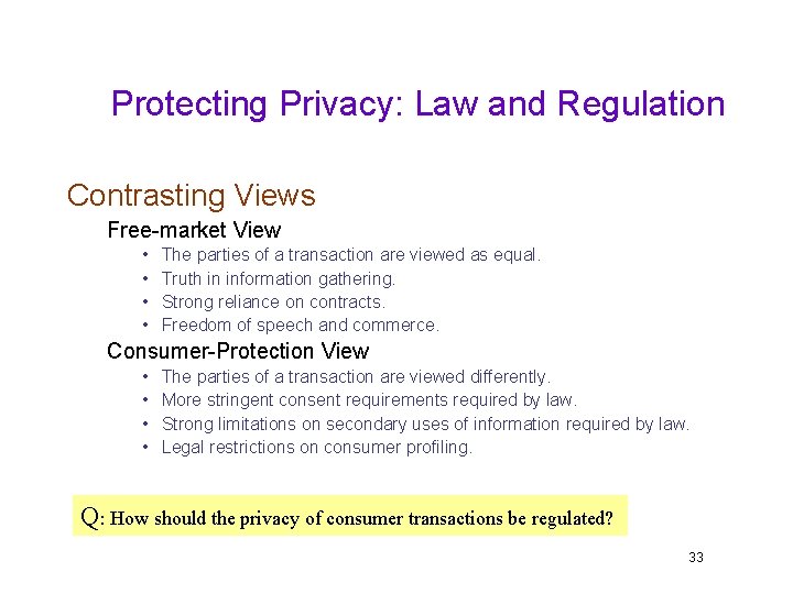 Protecting Privacy: Law and Regulation Contrasting Views Free-market View • • The parties of