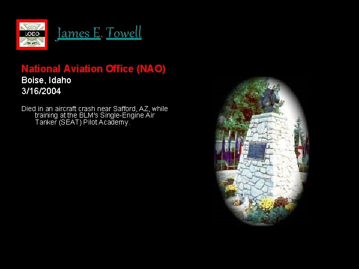 James E. Towell National Aviation Office (NAO) Boise, Idaho 3/16/2004 Died in an aircraft