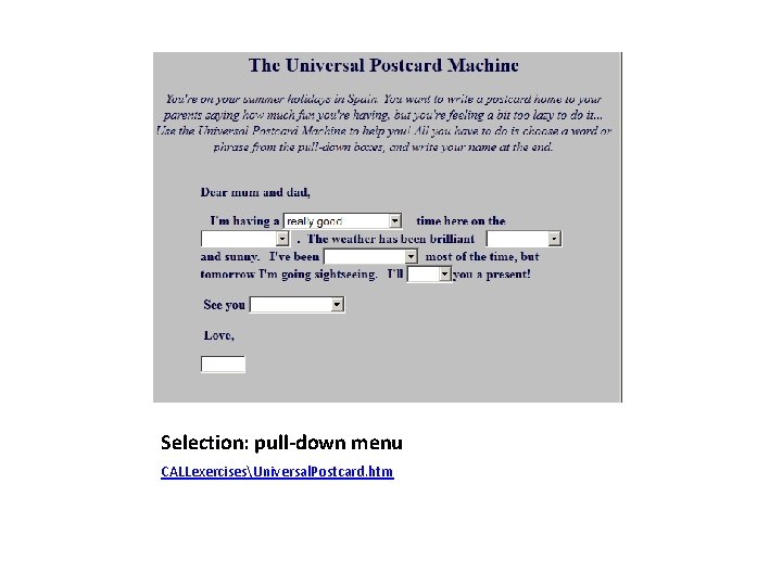 Selection: pull-down menu CALLexercisesUniversal. Postcard. htm 