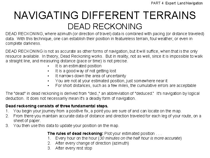 PART 4 Expert Land Navigation NAVIGATING DIFFERENT TERRAINS DEAD RECKONING, where azimuth (or direction