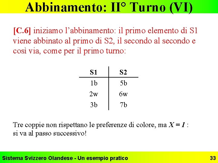Abbinamento: II° Turno (VI) [C. 6] iniziamo l’abbinamento: il primo elemento di S 1