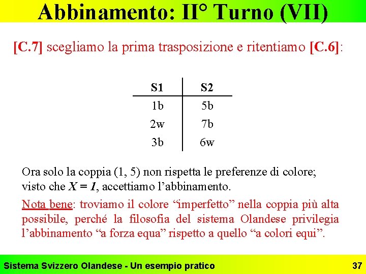 Abbinamento: II° Turno (VII) [C. 7] scegliamo la prima trasposizione e ritentiamo [C. 6]: