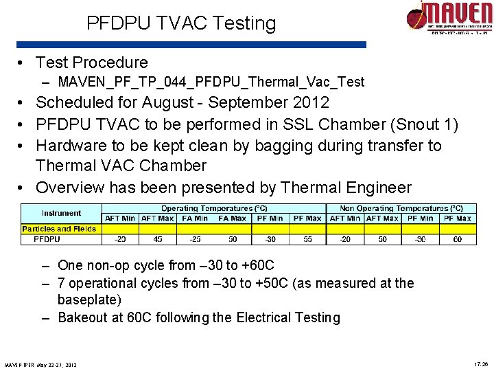 PFDPU TVAC Testing • Test Procedure – MAVEN_PF_TP_044_PFDPU_Thermal_Vac_Test • Scheduled for August - September