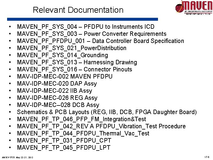 Relevant Documentation • • • • • MAVEN_PF_SYS_004 – PFDPU to Instruments ICD MAVEN_PF_SYS_003