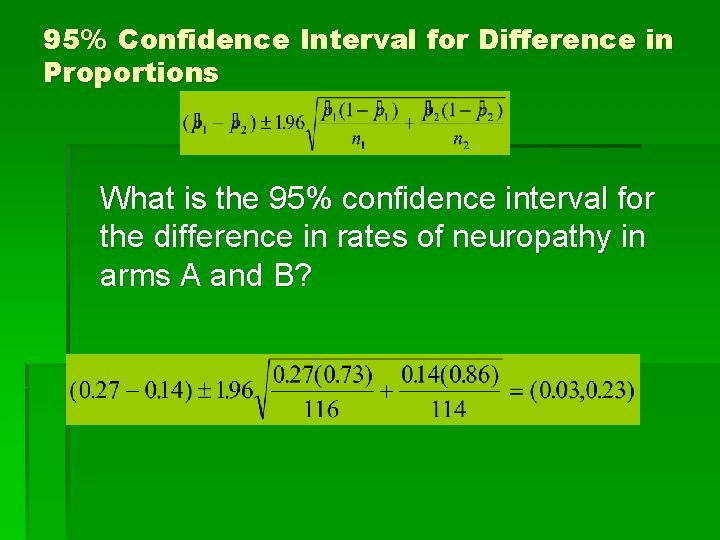 95% Confidence Interval for Difference in Proportions What is the 95% confidence interval for 95% Confidence Interval for Difference in Proportions What is the 95% confidence interval for