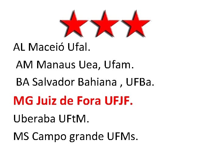AL Maceió Ufal. AM Manaus Uea, Ufam. BA Salvador Bahiana , UFBa. MG Juiz