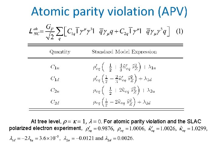 Atomic parity violation (APV) At tree level, r = k = 1, l =