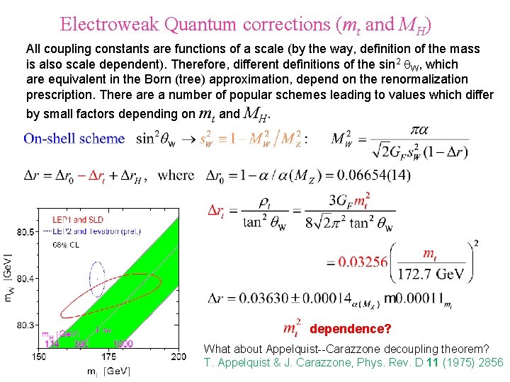 Electroweak Quantum corrections (mt and MH) All coupling constants are functions of a scale