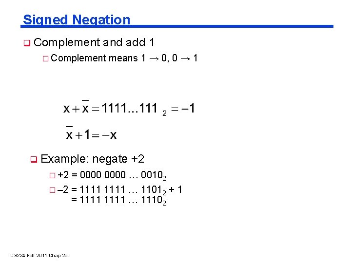 Signed Negation Complement and add 1 � Complement Example: means 1 → 0, 0