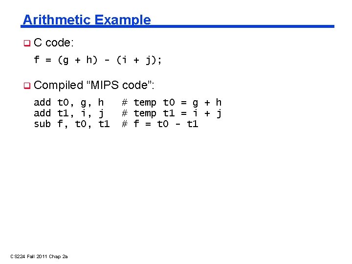 Arithmetic Example C code: f = (g + h) - (i + j); Compiled