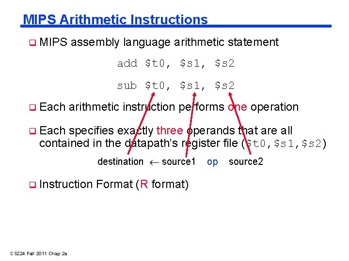 MIPS Arithmetic Instructions MIPS assembly language arithmetic statement add $t 0, $s 1, $s