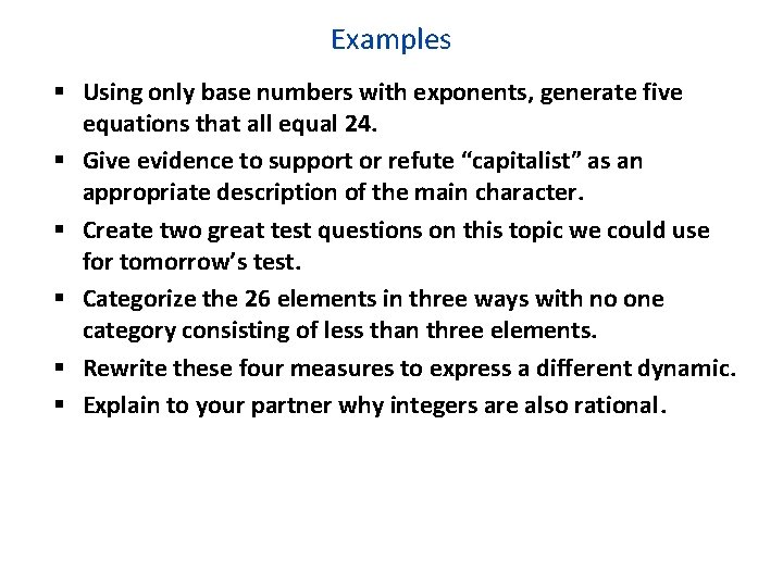 Examples Using only base numbers with exponents, generate five equations that all equal 24.