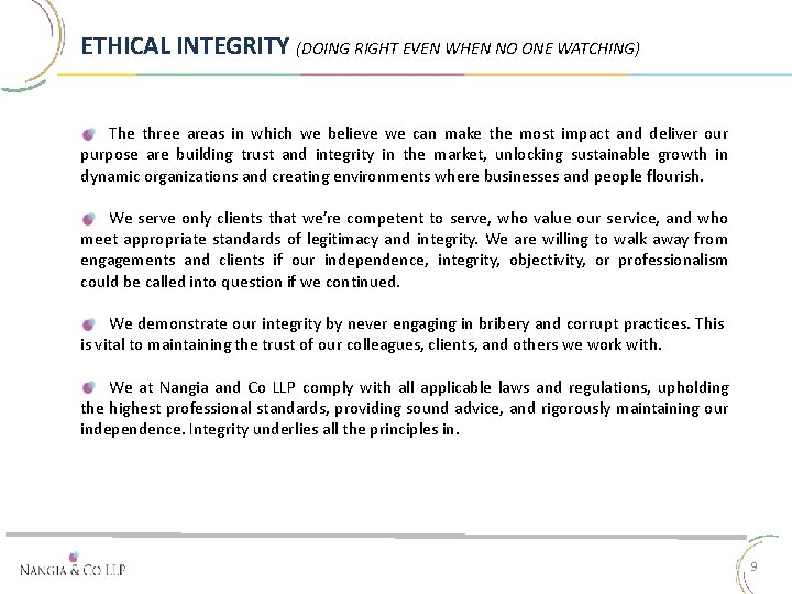 ETHICAL INTEGRITY (DOING RIGHT EVEN WHEN NO ONE WATCHING) The three areas in which