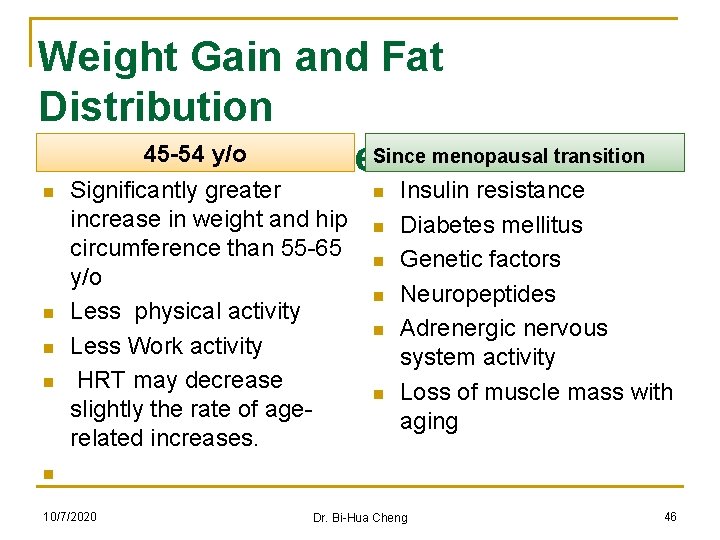 Weight Gain and Fat Distribution 45 -54 y/o of metabolic Since menopausal transition -