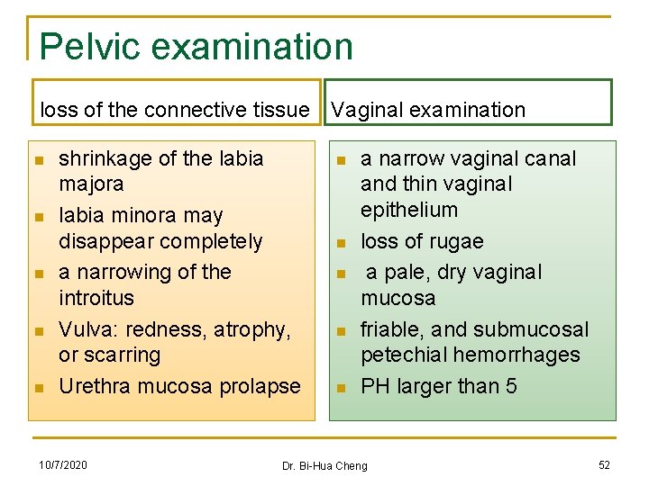 Pelvic examination loss of the connective tissue Vaginal examination n n shrinkage of the