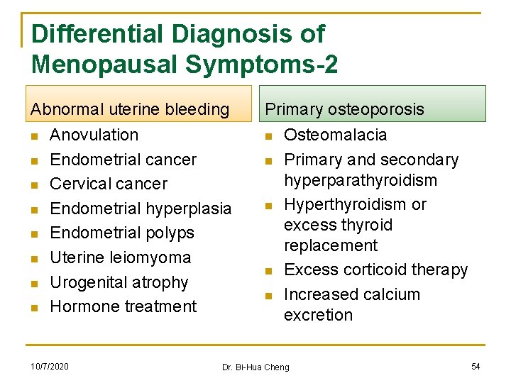 Differential Diagnosis of Menopausal Symptoms-2 Abnormal uterine bleeding n n n n Anovulation Endometrial
