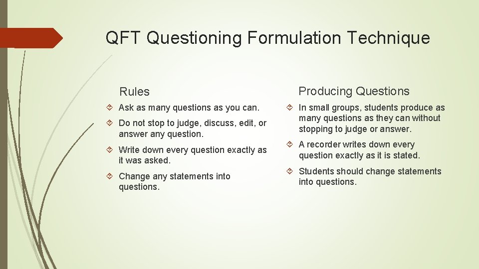 QFT Questioning Formulation Technique Rules Ask as many questions as you can. Do not