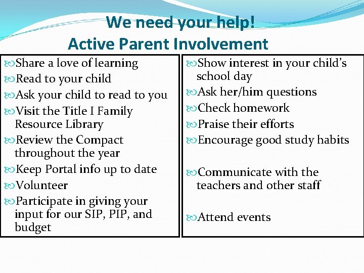 We need your help! Active Parent Involvement Share a love of learning Read to