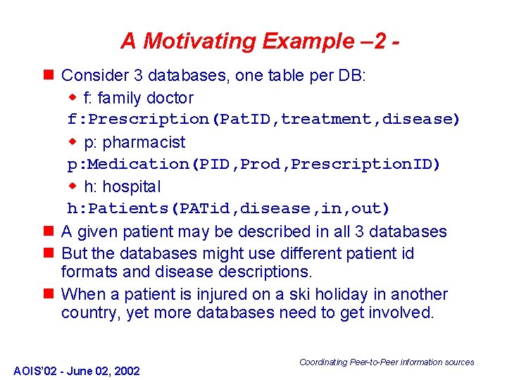 A Motivating Example – 2 n Consider 3 databases, one table per DB: w