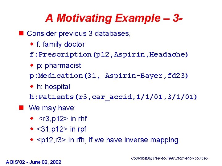 A Motivating Example – 3 n Consider previous 3 databases, w f: family doctor
