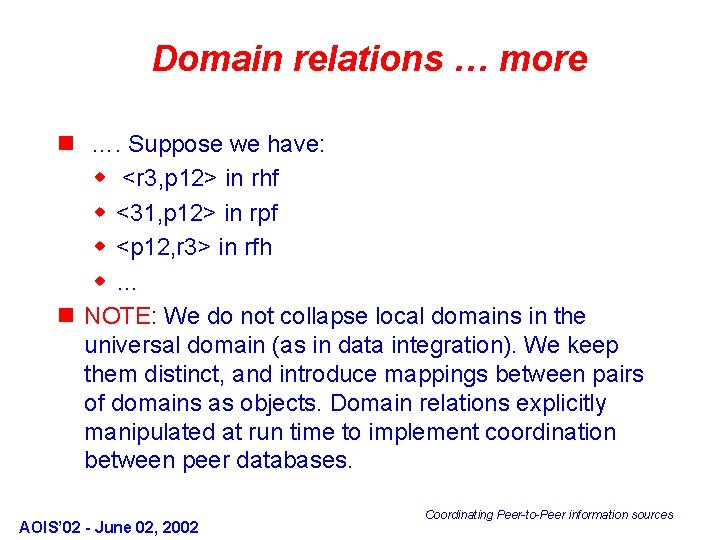 Domain relations … more n …. Suppose we have: w <r 3, p 12>