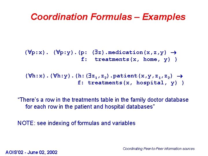 Coordination Formulas – Examples ( p: x). ( p: y). (p: ( z). medication(x,