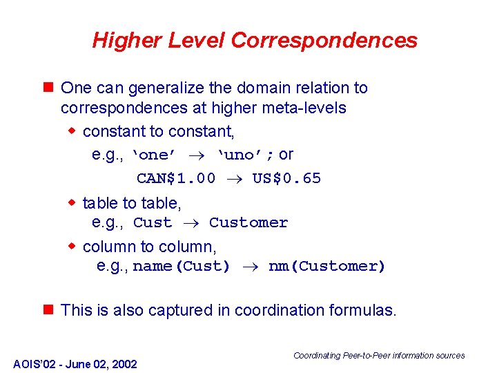 Higher Level Correspondences n One can generalize the domain relation to correspondences at higher