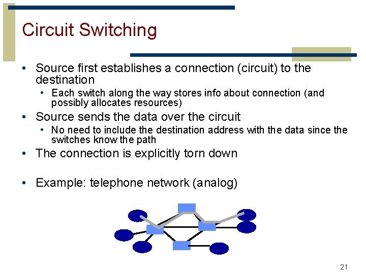 Circuit Switching • Source first establishes a connection (circuit) to the destination • Each