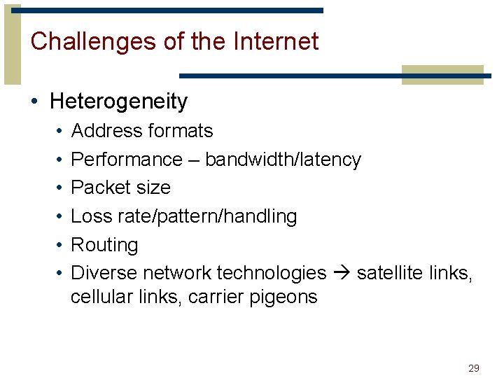 Challenges of the Internet • Heterogeneity • • • Address formats Performance – bandwidth/latency
