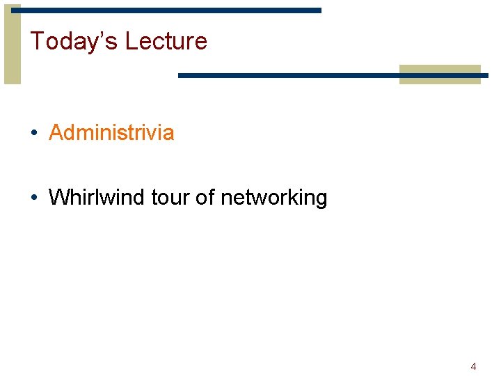 Today’s Lecture • Administrivia • Whirlwind tour of networking 4 