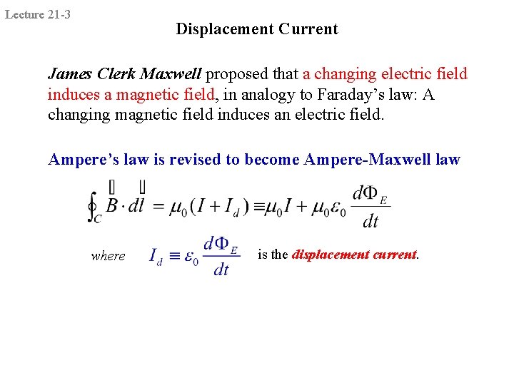 Lecture 21 -3 Displacement Current James Clerk Maxwell proposed that a changing electric field